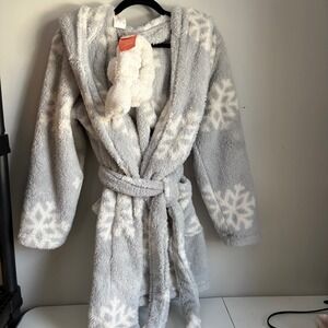 Colsie Women Gray Snowflake Cozy Robe Headband Set M L Plush Fleece Hooded